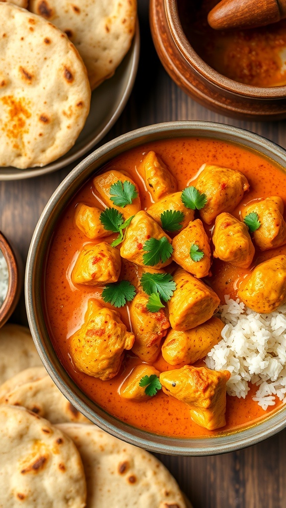 UAE Chicken Curry Recipe A bowl of UAE chicken curry with chicken pieces in creamy sauce, garnished with cilantro, served with rice and flatbreads.